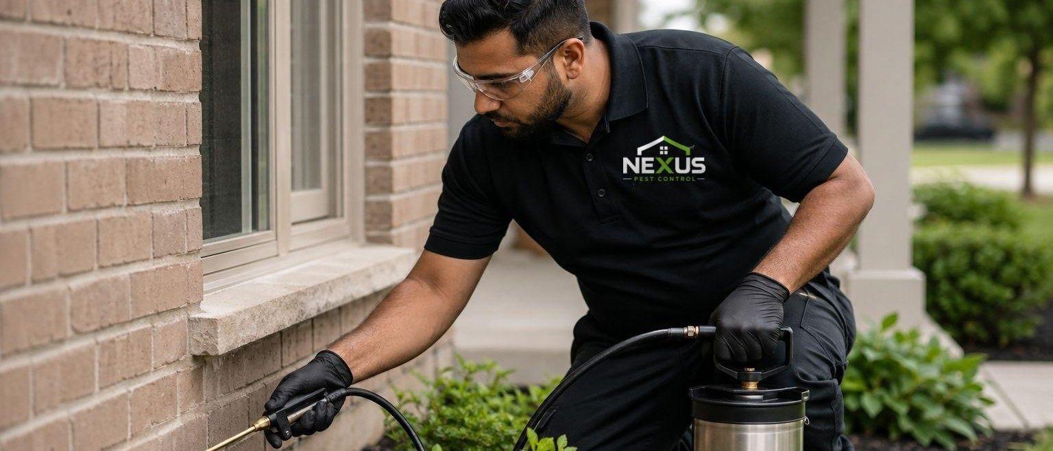 Nexus Pest Control — technician treating the foundation of a brick home for ants