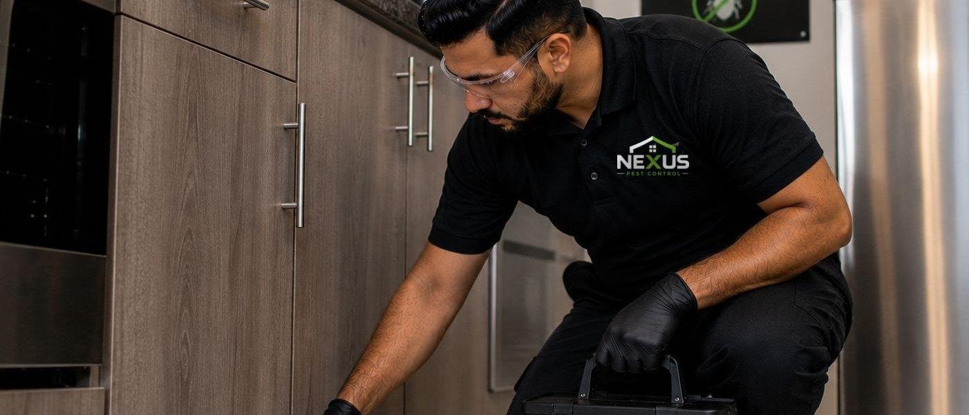 Nexus Pest Control — technician inspecting the base of kitchen cabinets where cockroaches harbour