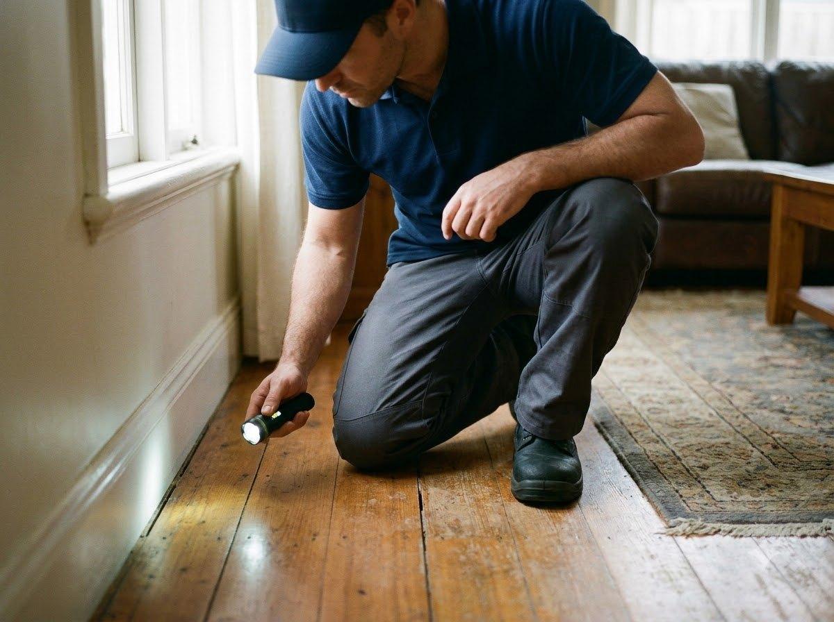 Nexus Pest Control technician inspecting the join between skirting board and floorboards with a torch