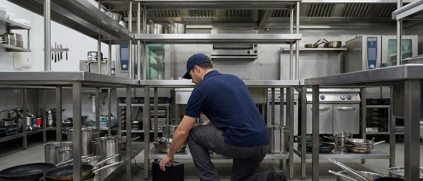 Nexus Pest Control technician placing a monitoring station in a commercial kitchen