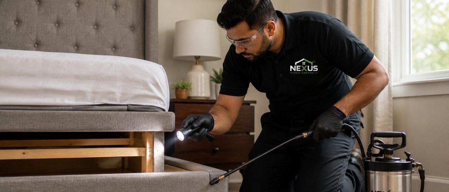 Nexus Pest Control — technician inspecting a bed frame with a torch during a bed bug treatment