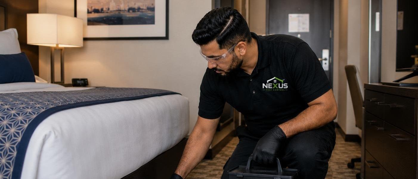 Nexus Pest Control — technician inspecting a hotel bed frame with a torch