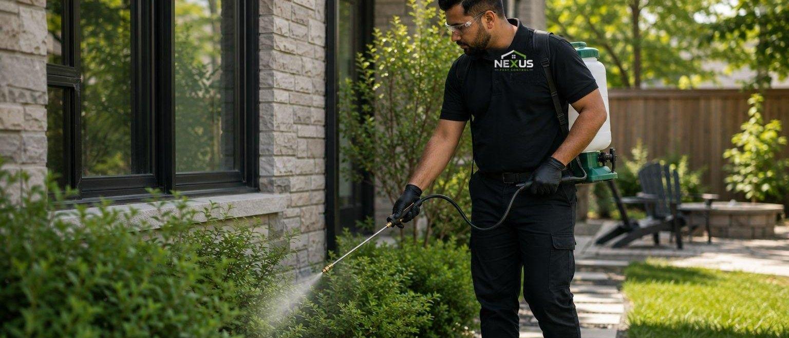 Nexus Pest Control — technician applying a mosquito treatment to shrubs beside a house