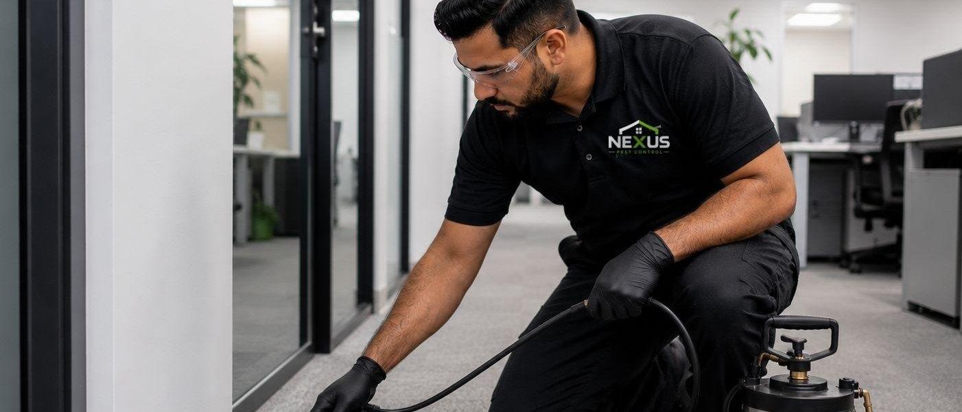 Nexus Pest Control — technician treating the perimeter of an office floor
