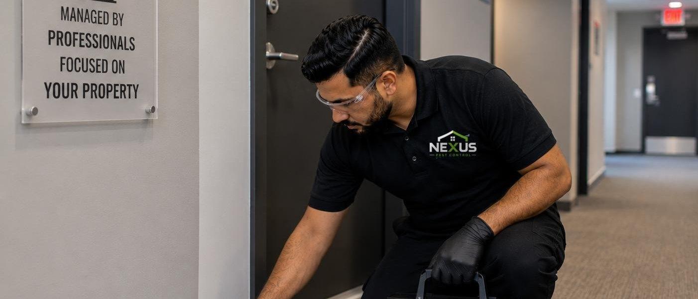 Nexus Pest Control — technician inspecting a corridor in a multi-unit residential building