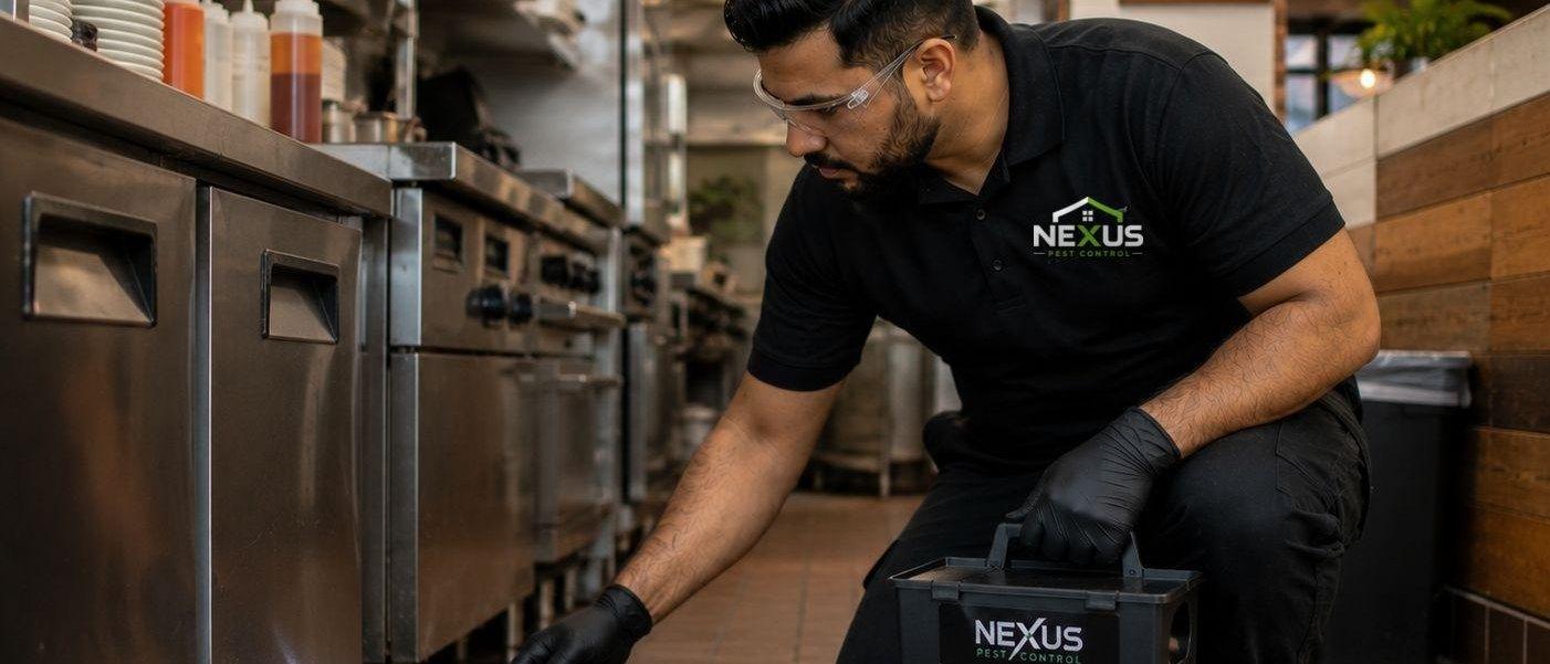 Nexus Pest Control — technician inspecting beneath the line in a commercial restaurant kitchen