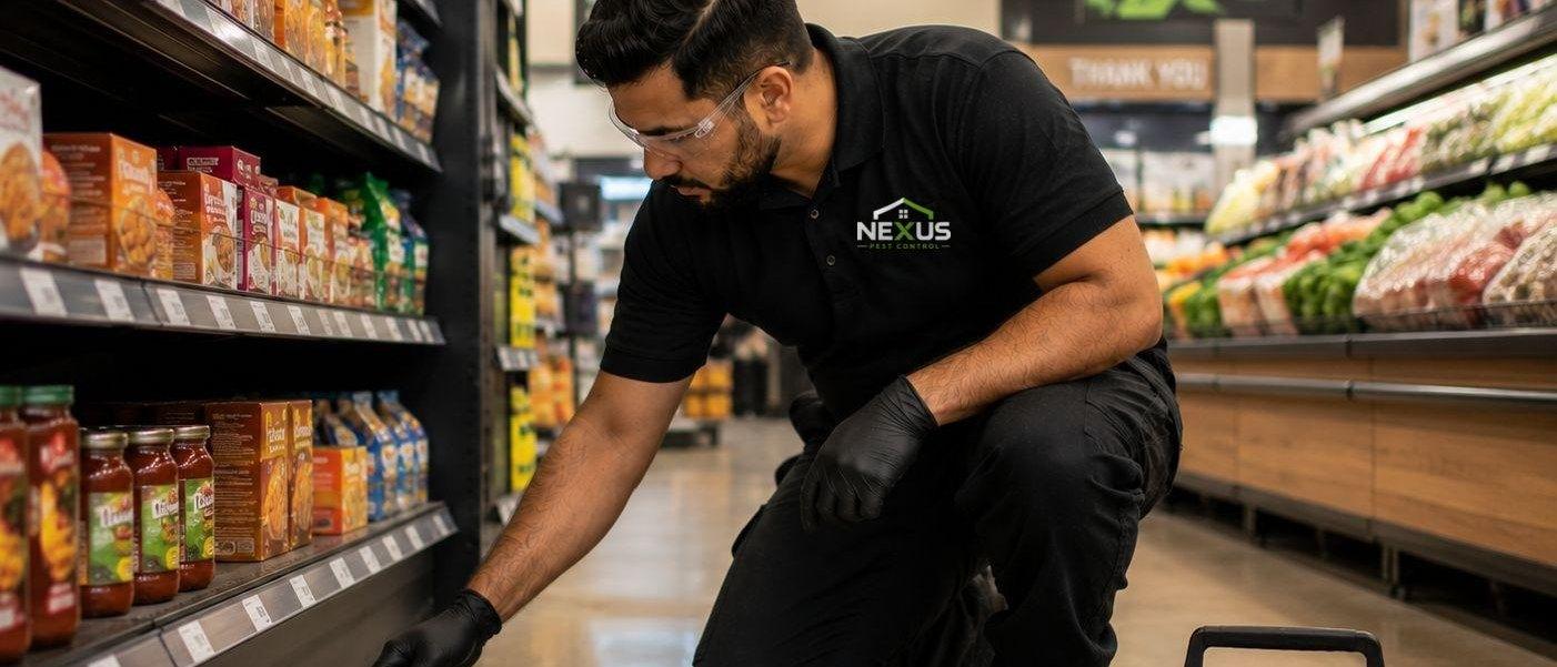 Nexus Pest Control — technician inspecting shelving in a grocery store aisle
