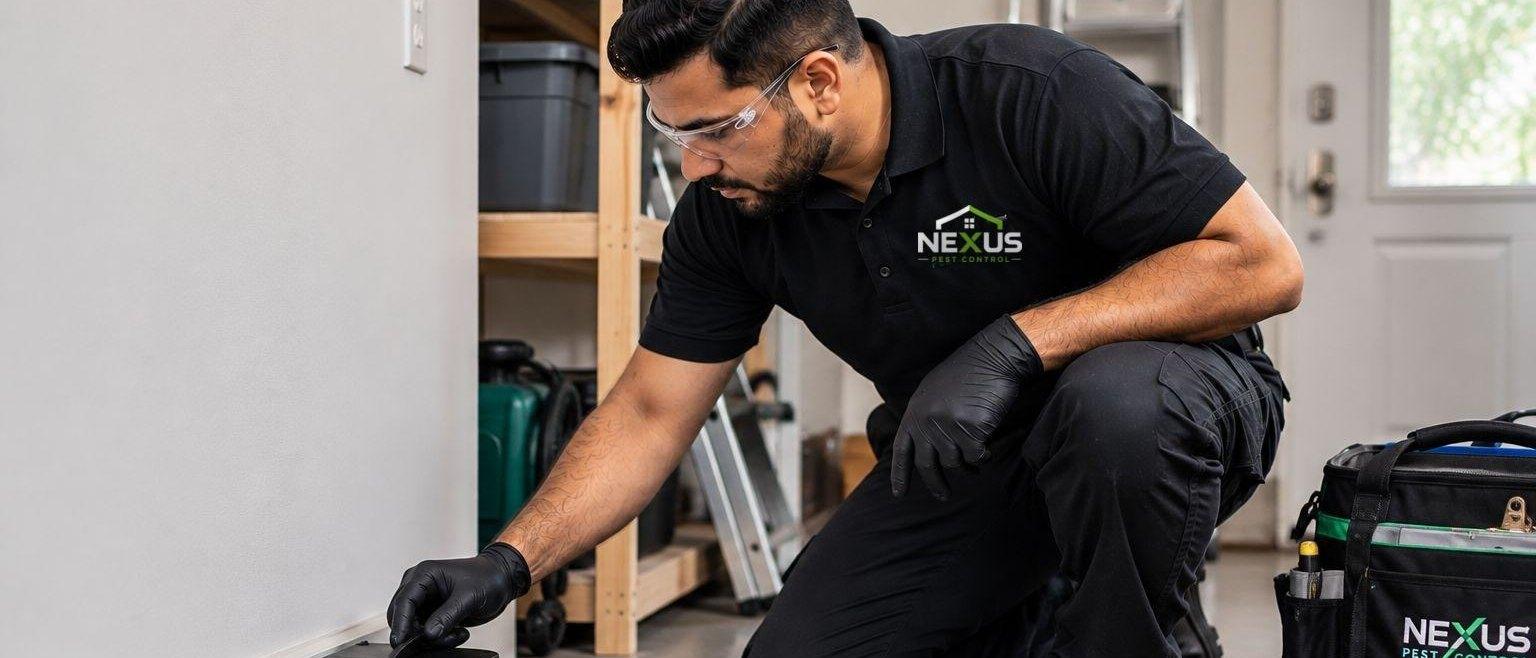 Nexus Pest Control — technician placing a tamper-resistant bait station along a garage wall