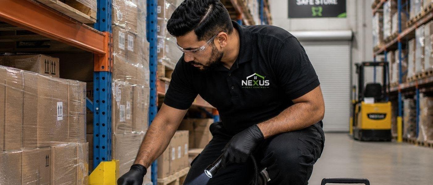 Nexus Pest Control — technician inspecting pallet racking in a warehouse