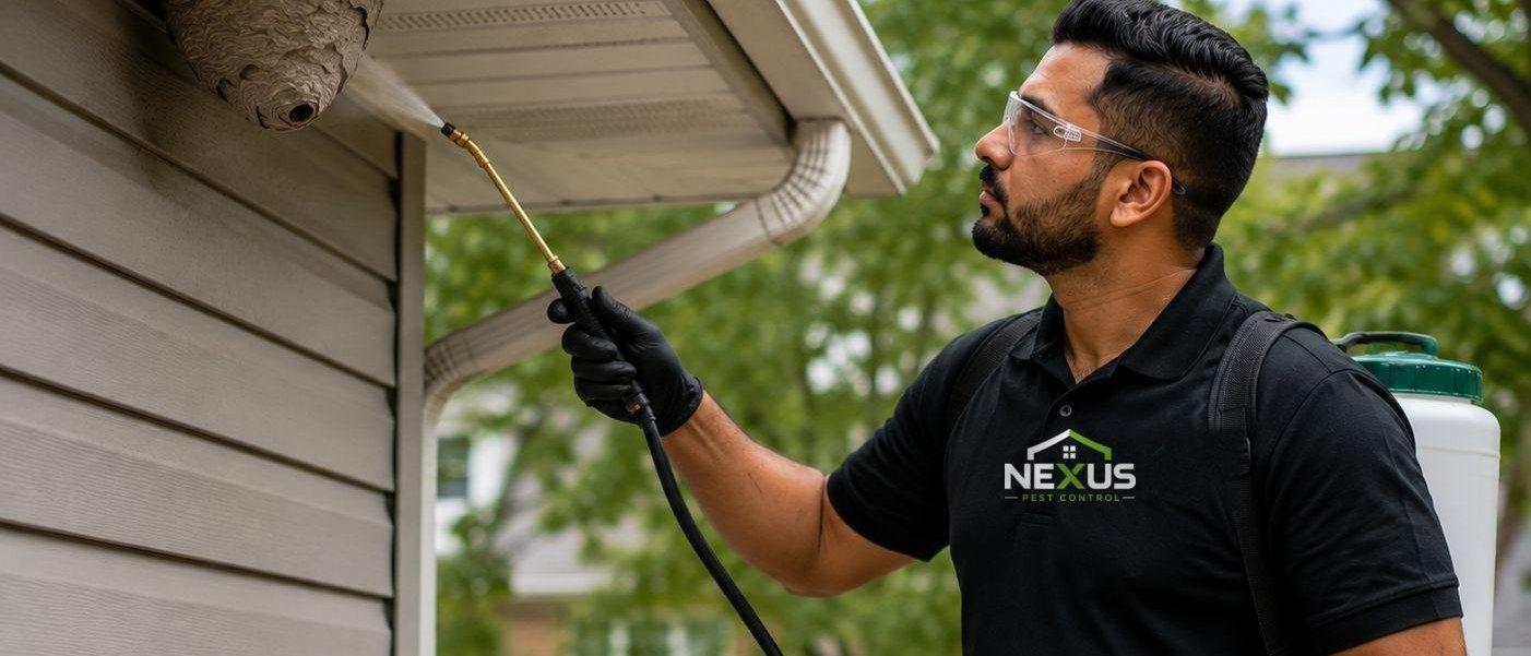 Nexus Pest Control — technician treating a wasp nest under the soffit of a house